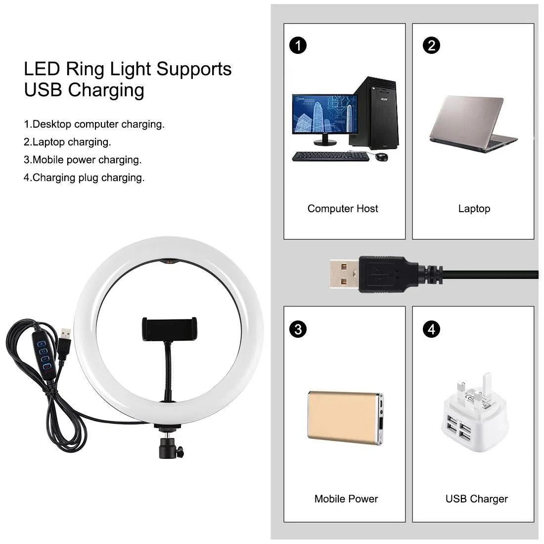 10.2 26cm Ring Light Kit with Tripod Usb 3 Modes Dual Colour Phone Clamp Remote - Black