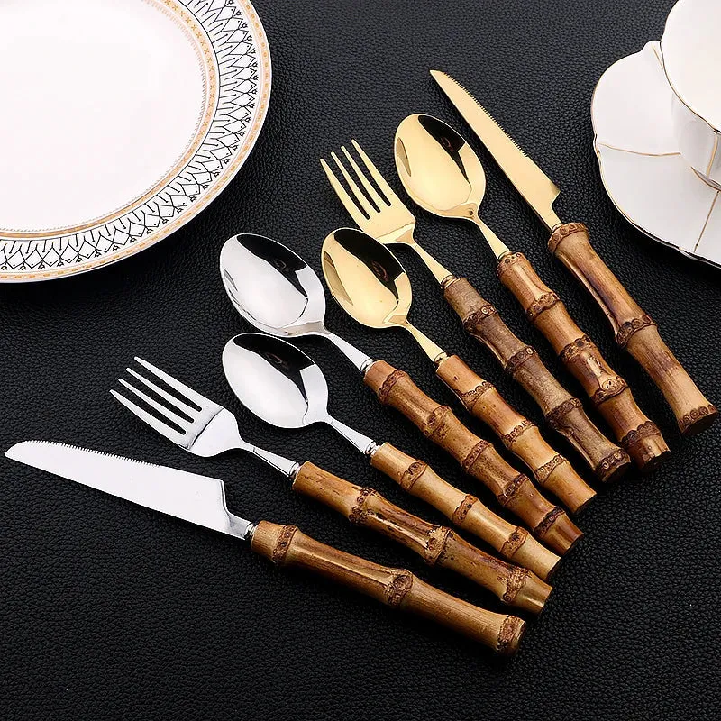 24 Piece Bamboo Handle Stainless Steel Cutlery Set