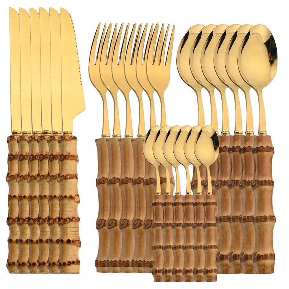 24 Piece Bamboo Handle Stainless Steel Cutlery Set