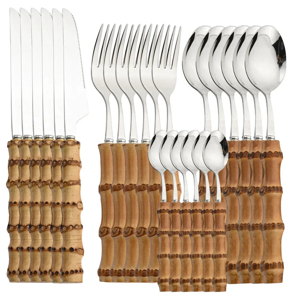 24 Piece Bamboo Handle Stainless Steel Cutlery Set