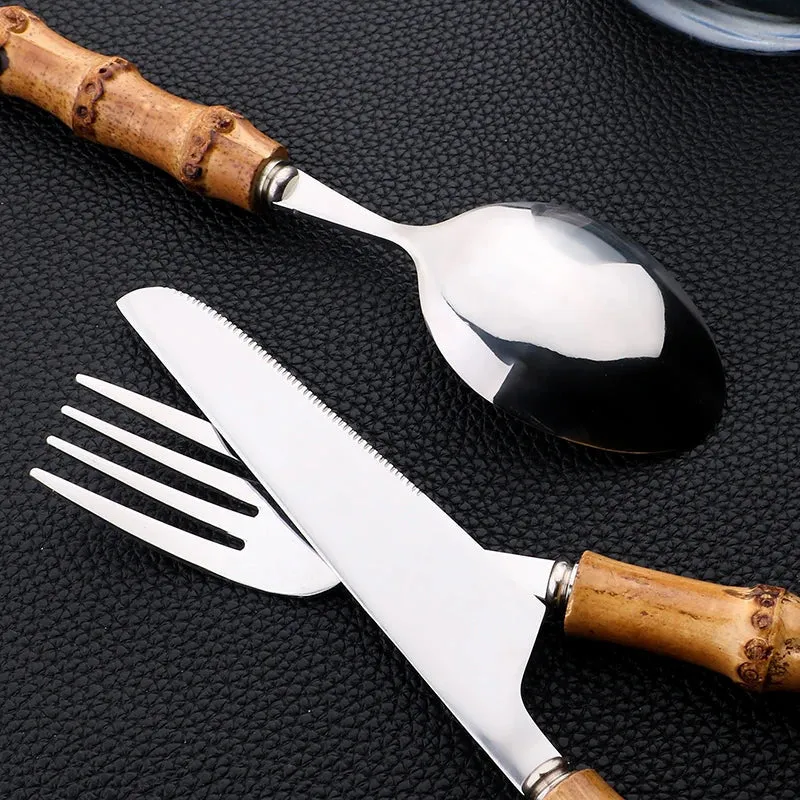 24 Piece Bamboo Handle Stainless Steel Cutlery Set