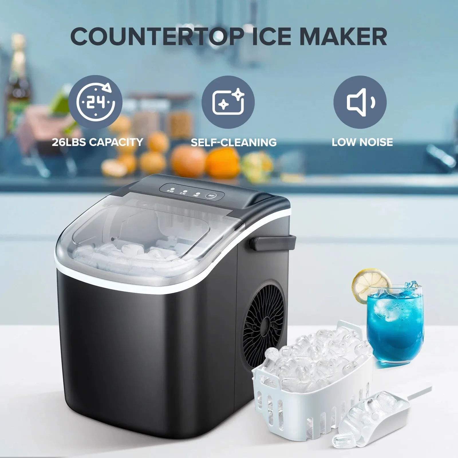Auseo 26 lbs/24H Countertop Ice Maker Machine, 9 Bullet-Shaped Ice in 6 Min, Auto-Cleaning, Black