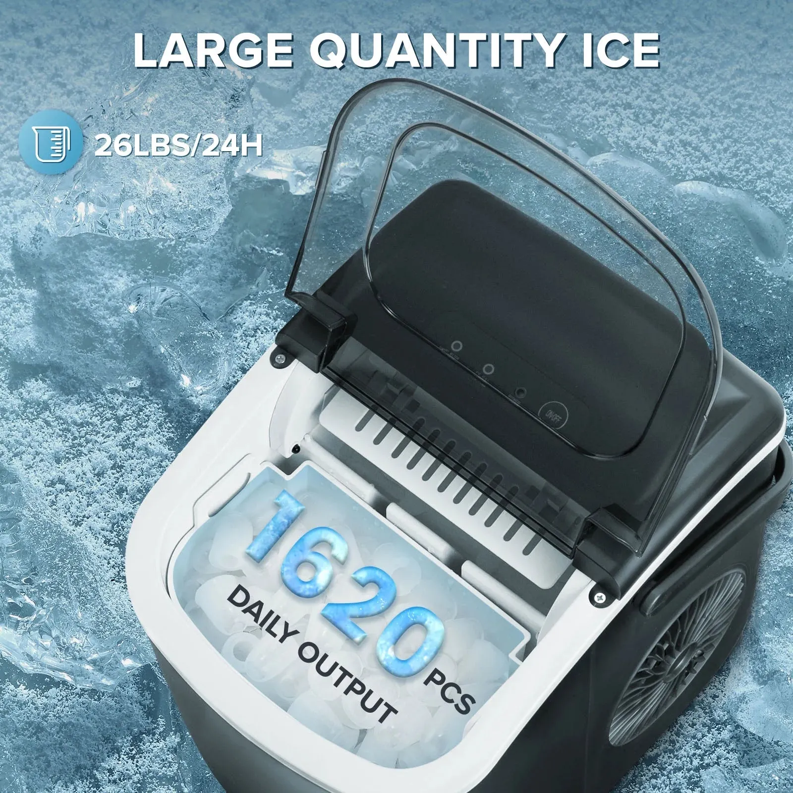 Auseo 26 lbs/24H Countertop Ice Maker Machine, 9 Bullet-Shaped Ice in 6 Min, Auto-Cleaning, Black