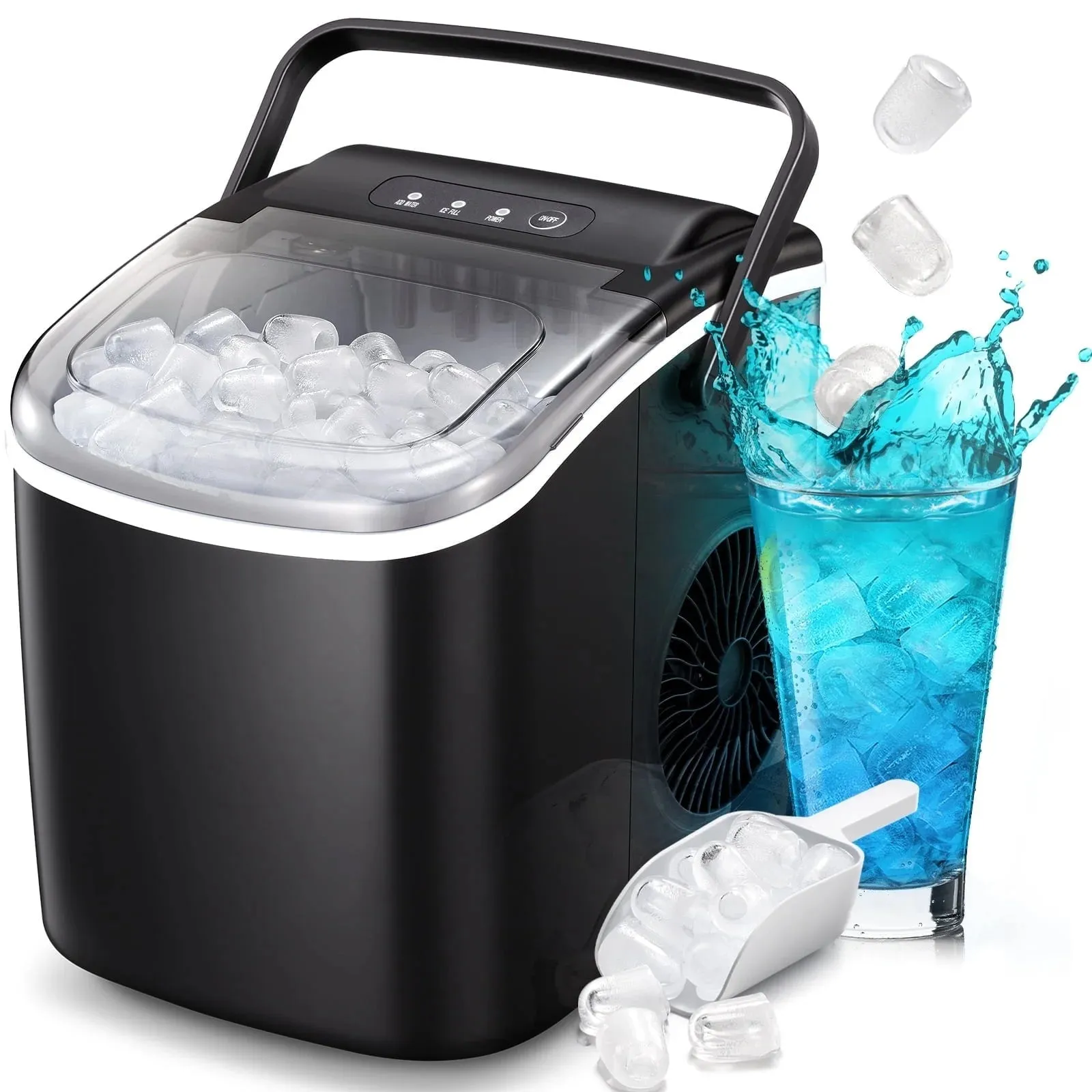 Auseo 26 lbs/24H Countertop Ice Maker Machine, 9 Bullet-Shaped Ice in 6 Min, Auto-Cleaning, Black