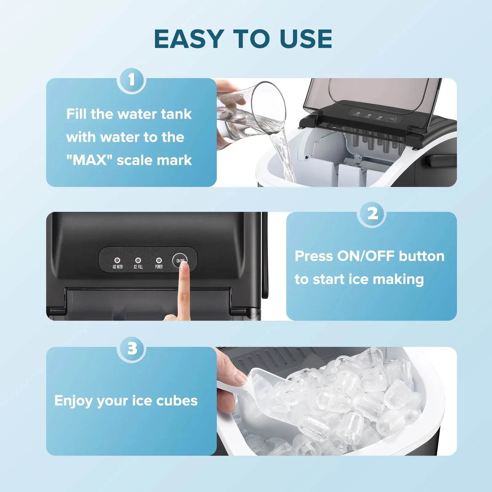 Auseo 26 lbs/24H Countertop Ice Maker Machine, 9 Bullet-Shaped Ice in 6 Min, Auto-Cleaning, Black