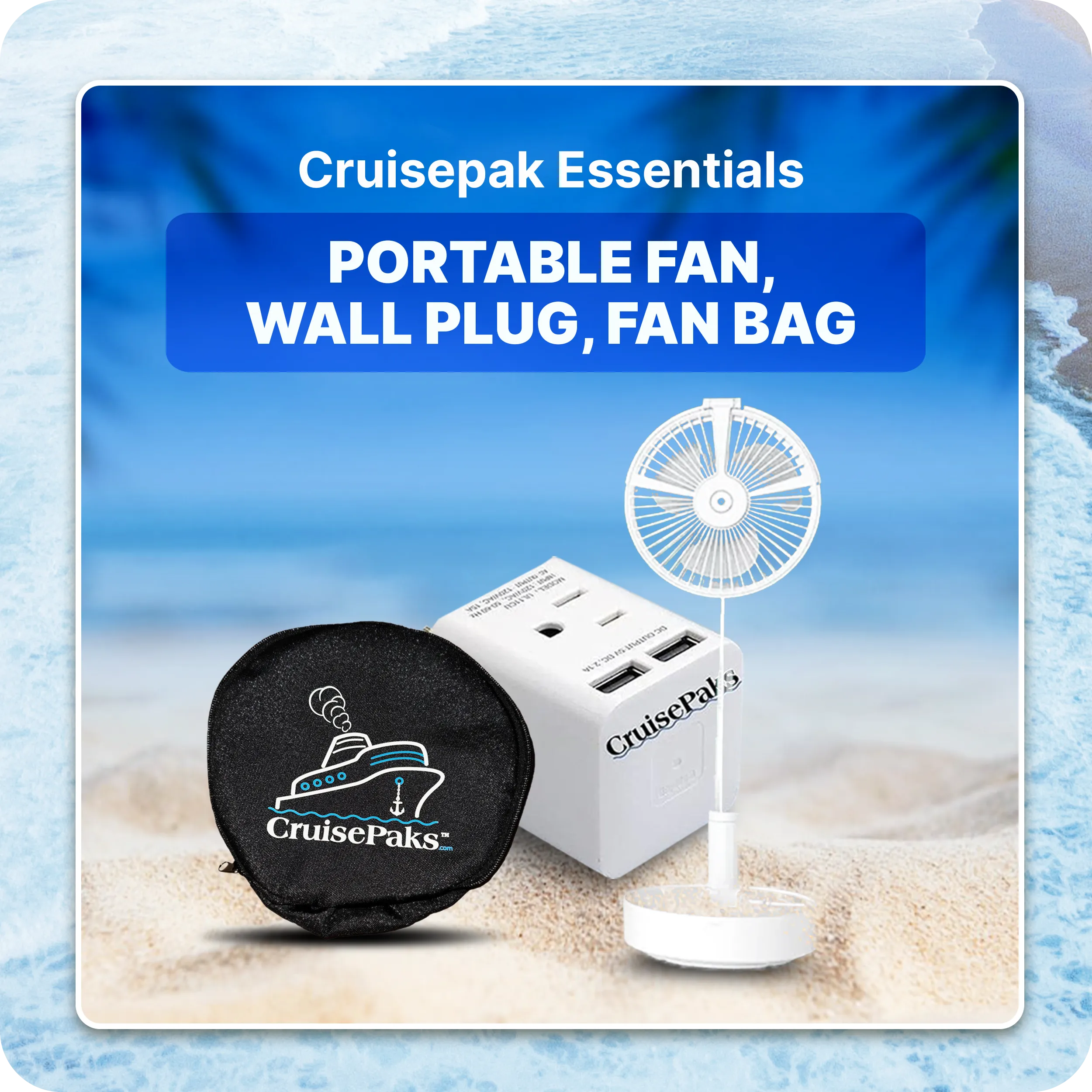 Cruise Essentials Portable Floor Fan wall plug Fan bag Bundle