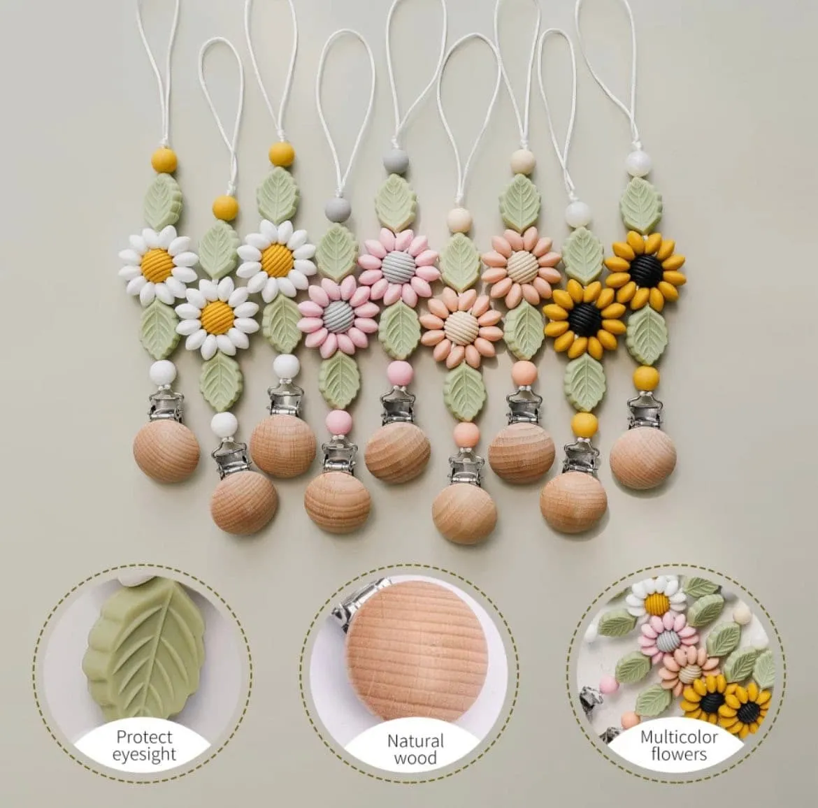 Daisy - BPA Free Silicone Baby dummy clip with flower and leaf