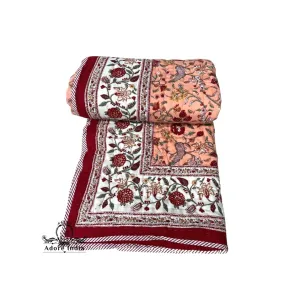 Fruity Peach Floral Cotton Padded Kantha Bedspread Quilt Comforter