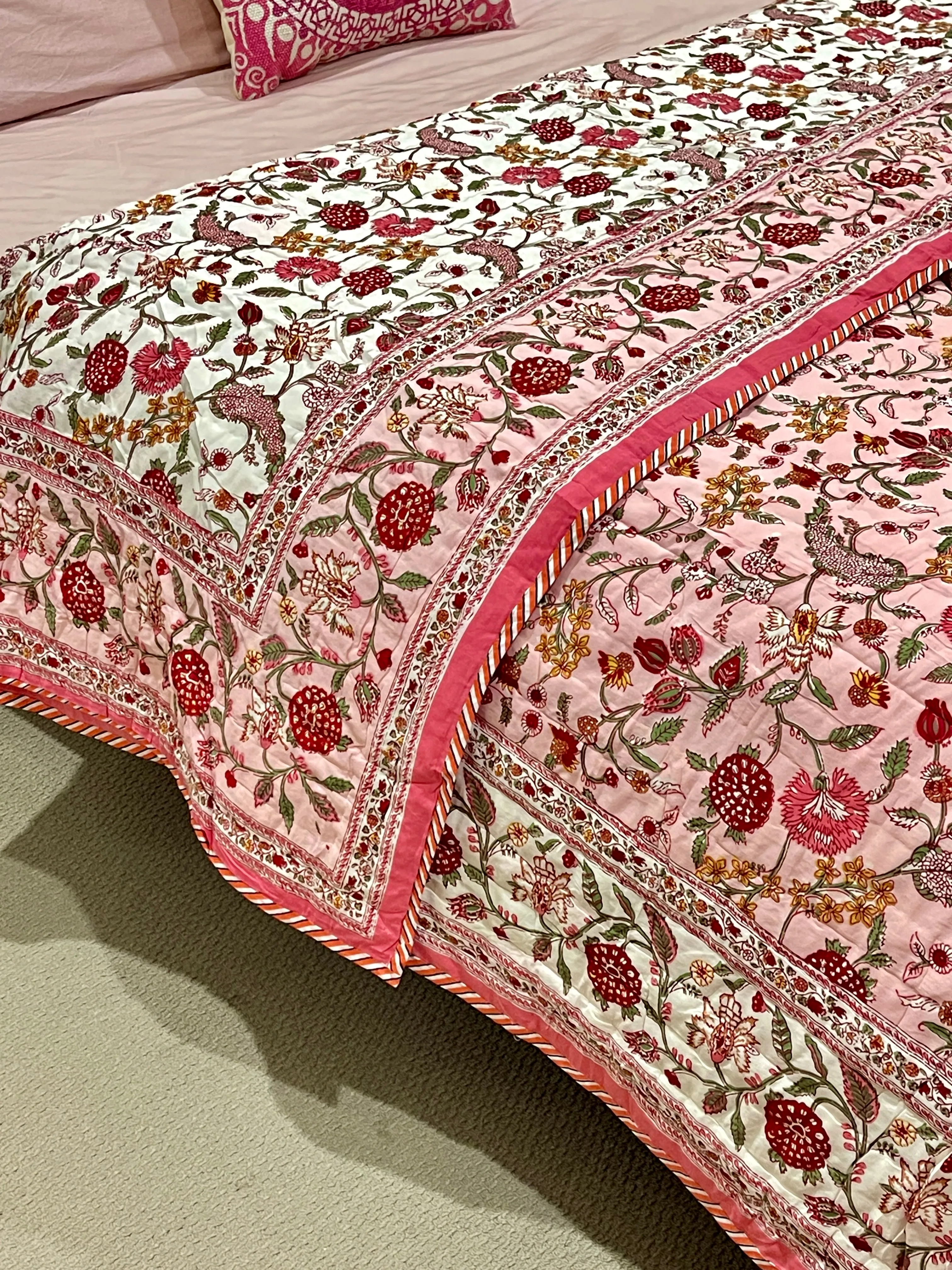 Fruity Pink Floral Cotton Padded Kantha Bedspread Quilt Comforter