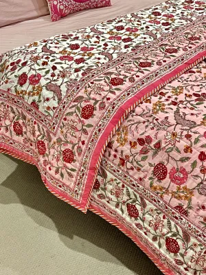 Fruity Pink Floral Cotton Padded Kantha Bedspread Quilt Comforter