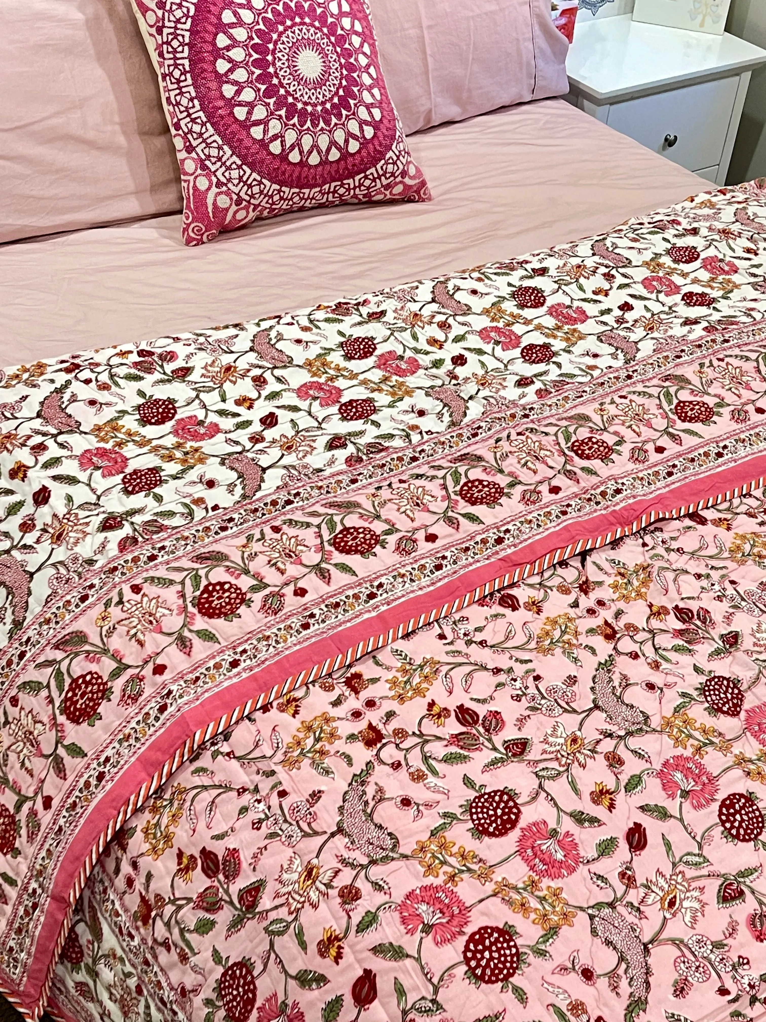 Fruity Pink Floral Cotton Padded Kantha Bedspread Quilt Comforter