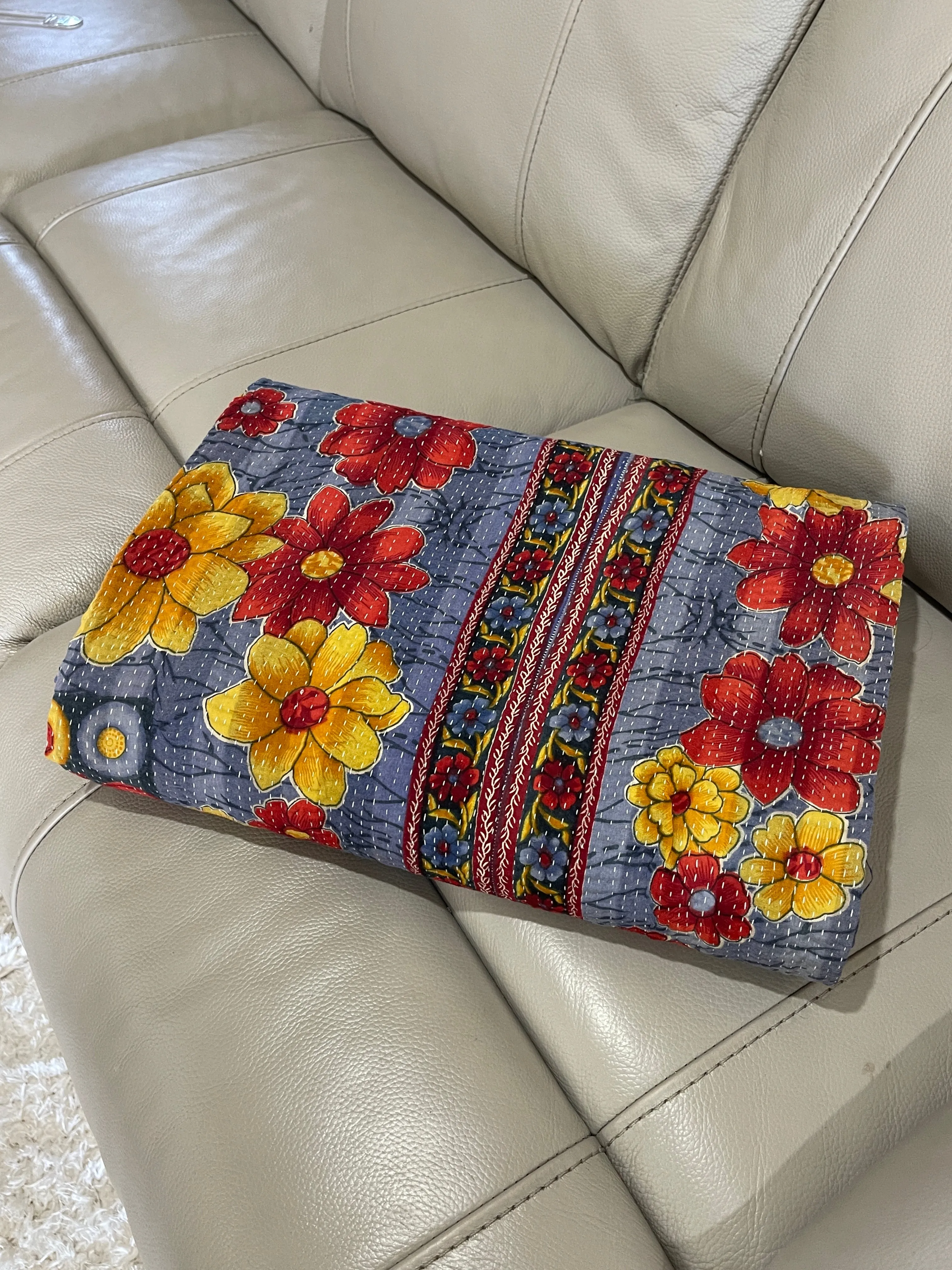 Hand Made Cotton Reversible Vintage Kantha Quilt Throw Bedspread Kavita