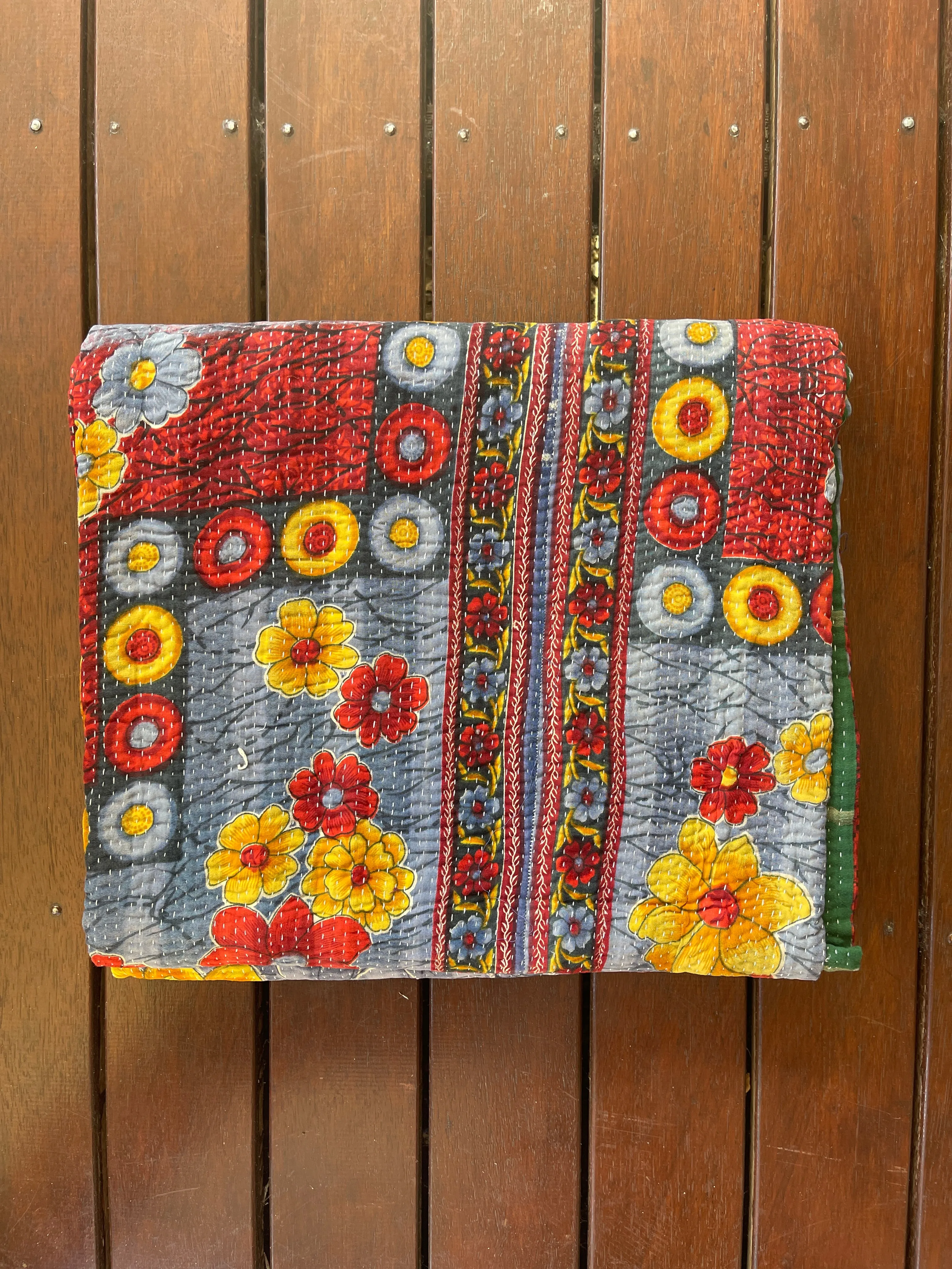 Hand Made Cotton Reversible Vintage Kantha Quilt Throw Bedspread Kavita