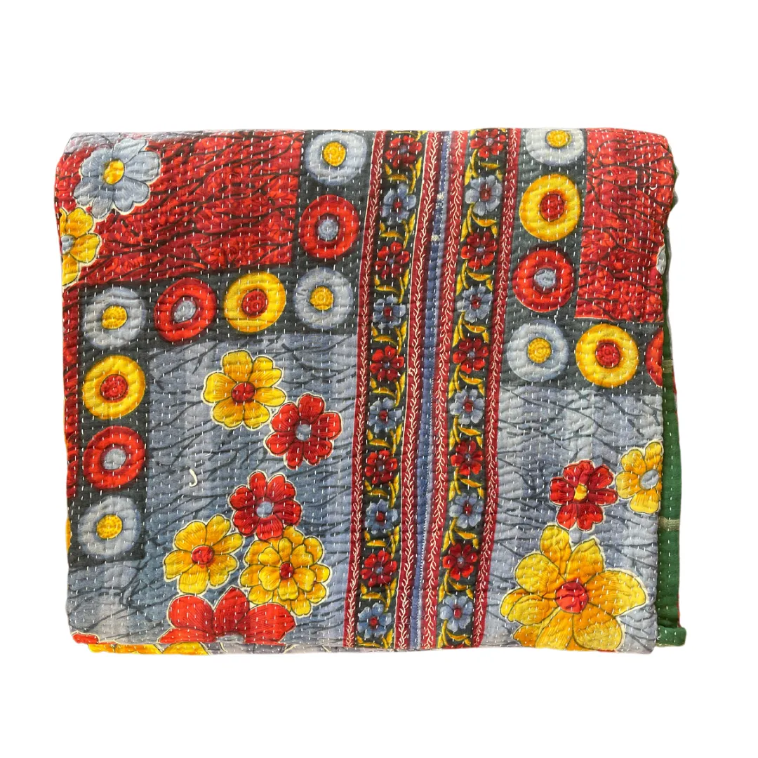 Hand Made Cotton Reversible Vintage Kantha Quilt Throw Bedspread Kavita