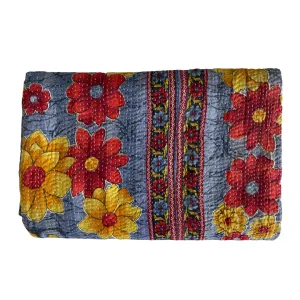 Hand Made Cotton Reversible Vintage Kantha Quilt Throw Bedspread Kavita