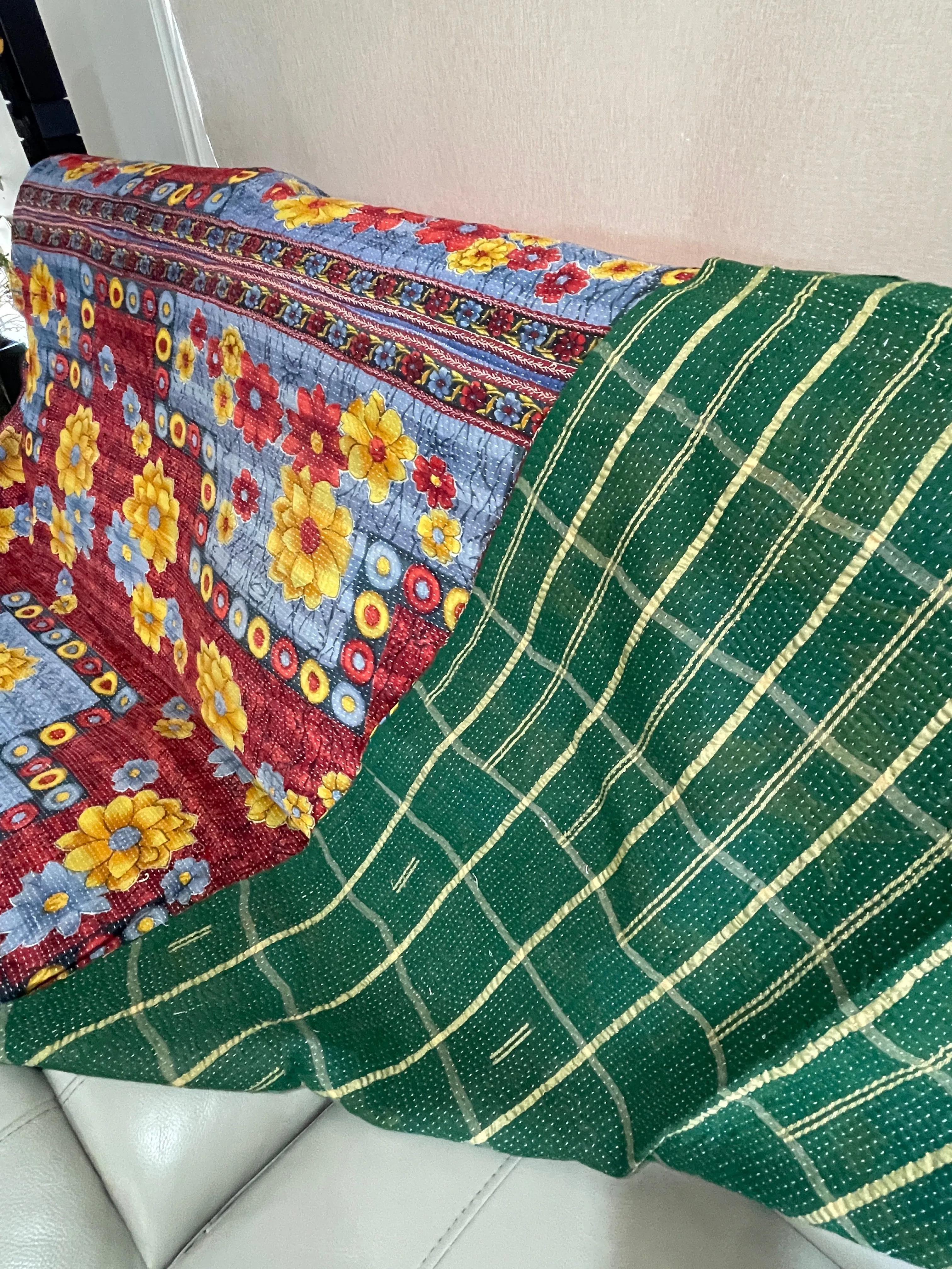 Hand Made Cotton Reversible Vintage Kantha Quilt Throw Bedspread Kavita
