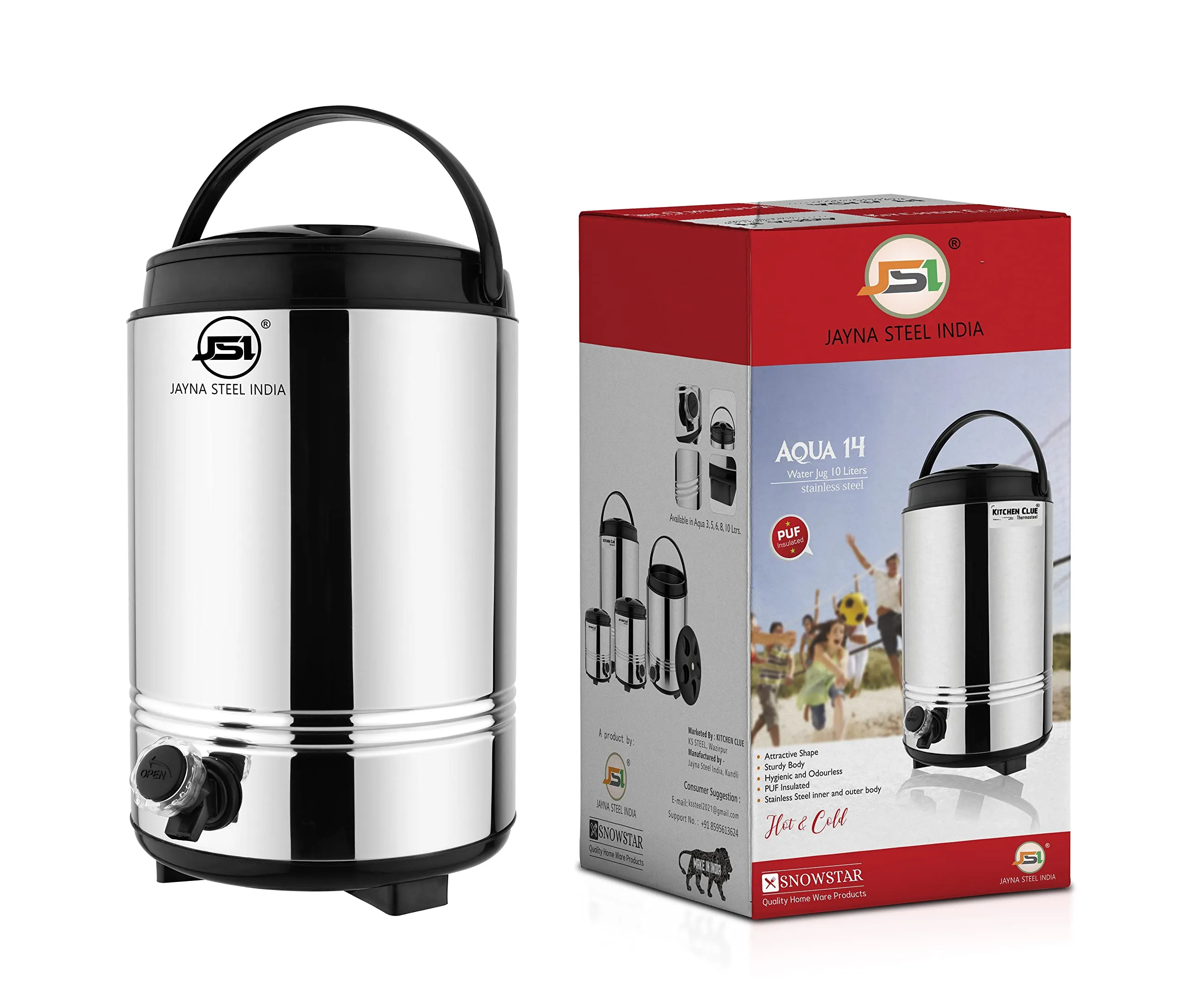 JSI Hot & Cold Water/Tea Jug 10 Liter Steel I 2 Inch PUF Insulated Body I Stainless Steel Inside & Outside I Keeps Beverages Hot & Cold up to 4-5 Hours I 100% Food Safe & BPA Free I Carry Handle