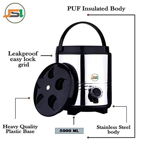 JSI PUF Insulated Water Jug 5 Liters I Made of High Grade Quality of Stainless Steel with Carry Handle I Hot and Cold Water Dipenser for Kitchen Office Home I Bottled Water jug