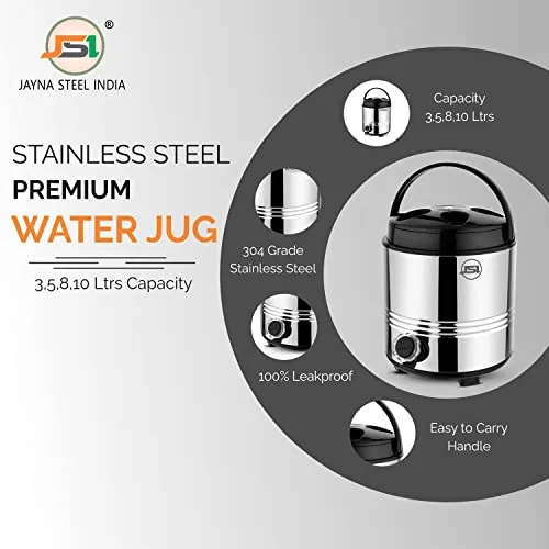 JSI Stainless Steel Hot & Cold Water Jug/Containers 8 Liters I PUF Thermally Insulated Water Dispenser for Office Kitchen I Keeps Beverages Fresh I Easy Tu Use & Maintain I Leak-Proof tap