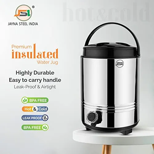 JSI Stainless Steel Hot & Cold Water Jug/Containers 8 Liters I PUF Thermally Insulated Water Dispenser for Office Kitchen I Keeps Beverages Fresh I Easy Tu Use & Maintain I Leak-Proof tap
