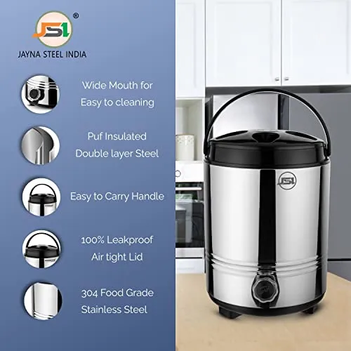 JSI Stainless Steel Hot & Cold Water Jug/Containers 8 Liters I PUF Thermally Insulated Water Dispenser for Office Kitchen I Keeps Beverages Fresh I Easy Tu Use & Maintain I Leak-Proof tap