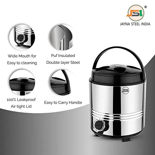 JSI Stainless Steel Hot & Cold Water/Tea Jug 5 Liter With Easy To Carry Handle I High Grade Qualoty Stainless Steel & plastic I PUF Insulated Water Dispenser For Home Kitchen office I Travel Water Jug