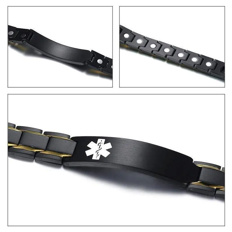 Mens Diabetic Medical Alert ID Bracelet - Black Stainless Steel - For Type 1 and Type 2 Diabetes