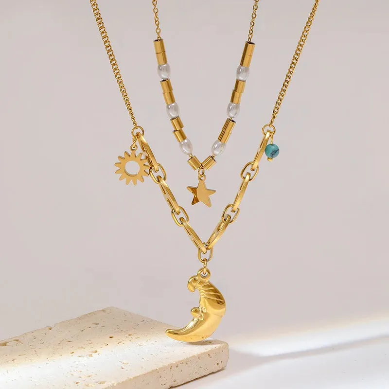 Stainless Steel Moon Starfish Heart Portraits Pendant Necklace