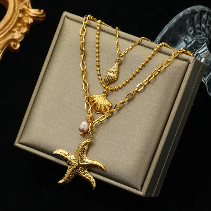 Stainless Steel Moon Starfish Heart Portraits Pendant Necklace